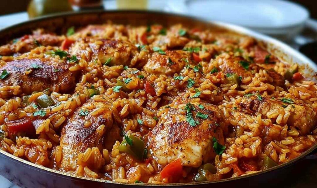 One-pot chicken jambalaya with tender chicken thighs, colorful bell peppers, and long-grain rice garnished with sliced green onions