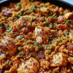 One-pot chicken jambalaya with tender chicken thighs, colorful bell peppers, and long-grain rice garnished with sliced green onions