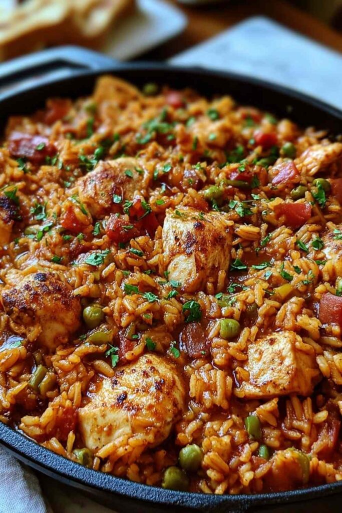 One-pot chicken jambalaya with tender chicken thighs, colorful bell peppers, and long-grain rice garnished with sliced green onions