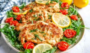 Chicken paillard recipe on a white plate with arugula salad, cherry tomatoes, and lemon wedges