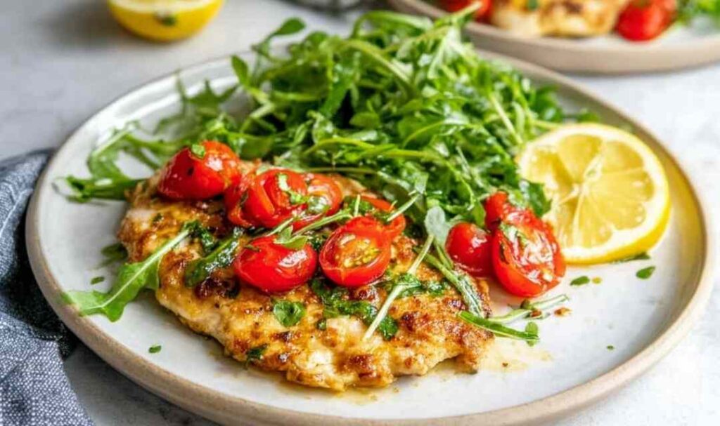 Chicken paillard recipe on a white plate with arugula salad, cherry tomatoes, and lemon wedges