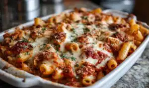 Chicken Parmesan Baked Ziti in a 9x13 baking dish with golden melted mozzarella and crispy breaded chicken