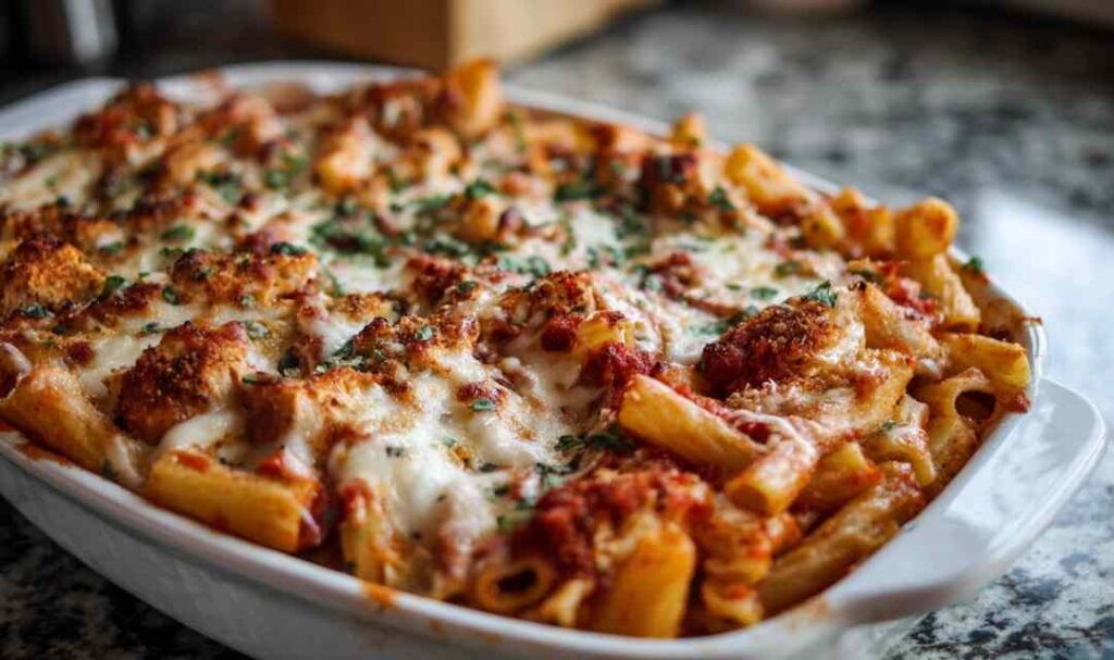 Chicken Parmesan Baked Ziti in a 9x13 baking dish with golden melted mozzarella and crispy breaded chicken