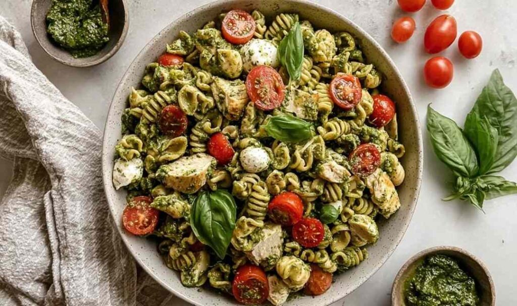 Chicken pesto pasta salad in a large white bowl with cherry tomatoes, cucumber, and fresh basil
