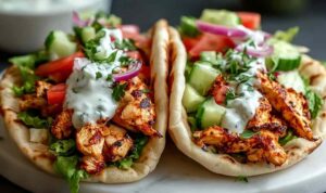 Chicken shawarma pitas loaded with spiced sliced chicken, lettuce, tomatoes, and garlic sauce on a wooden board