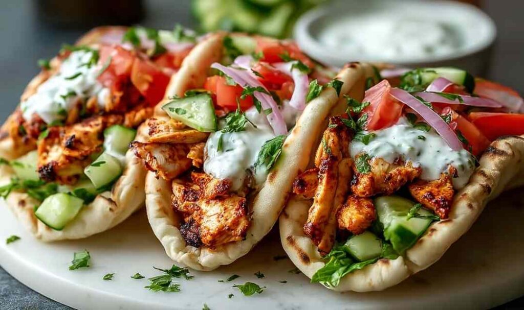 Chicken shawarma pitas loaded with spiced sliced chicken, lettuce, tomatoes, and garlic sauce on a wooden board