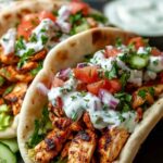 Chicken shawarma pitas loaded with spiced sliced chicken, lettuce, tomatoes, and garlic sauce on a wooden board