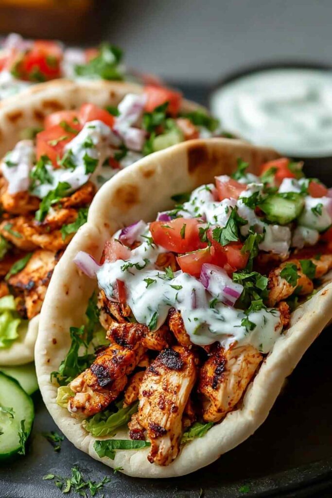 Chicken shawarma pitas loaded with spiced sliced chicken, lettuce, tomatoes, and garlic sauce on a wooden board