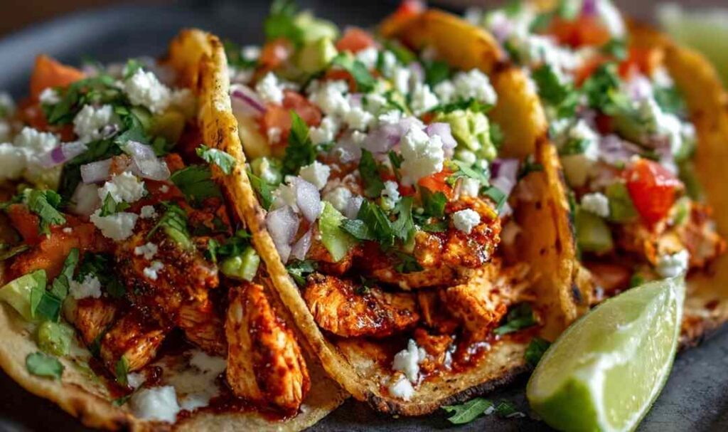 Chicken street tacos on charred corn tortillas topped with white onion, cilantro, and lime wedges