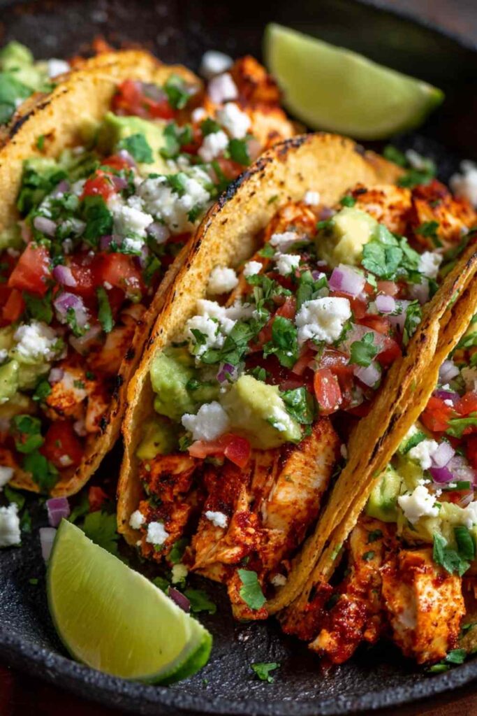 Chicken street tacos on charred corn tortillas topped with white onion, cilantro, and lime wedges