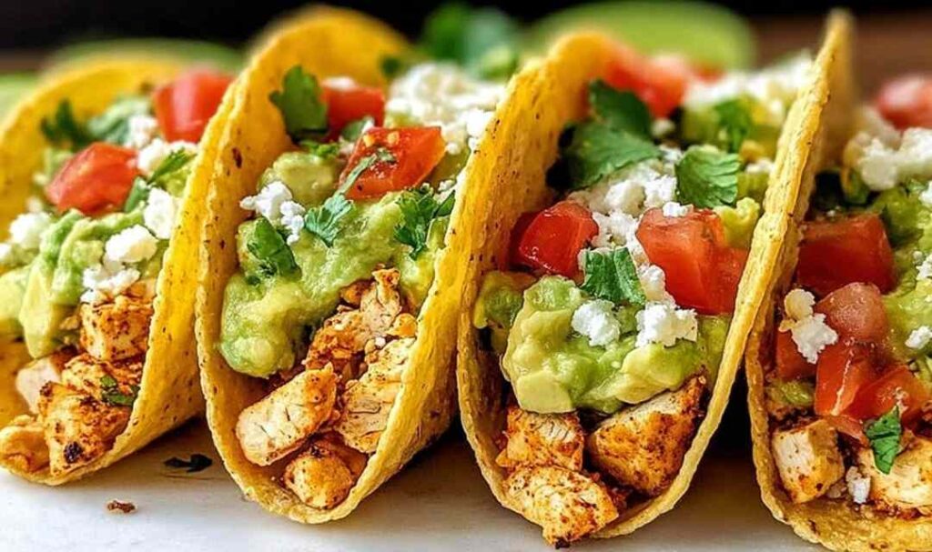 Juicy shredded chicken tacos topped with fresh cilantro, diced tomatoes, shredded cheese, sour cream, and lime wedges on a wooden serving board