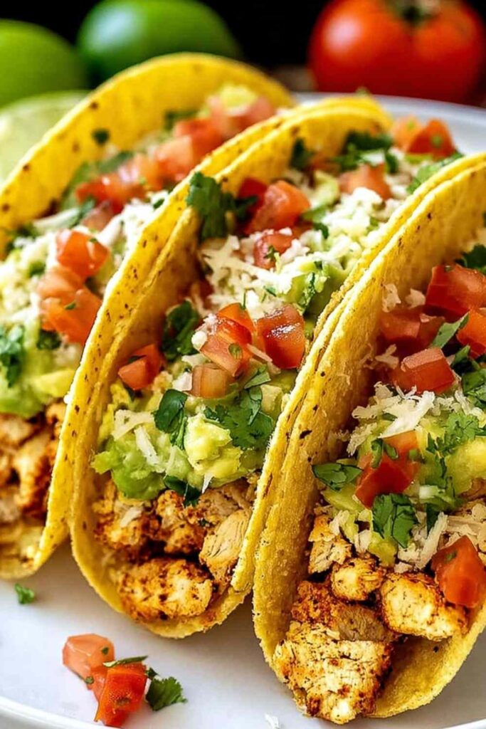 Juicy shredded chicken tacos topped with fresh cilantro, diced tomatoes, shredded cheese, sour cream, and lime wedges on a wooden serving board