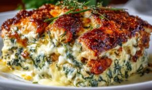 Chicken Zucchini Bake Chicken zucchini bake in a white baking dish with melted mozzarella and fresh basil garnish