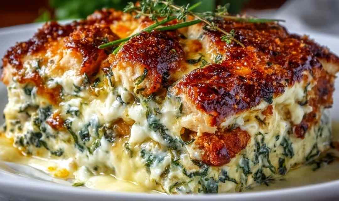 Chicken zucchini bake in a white baking dish with melted mozzarella and fresh basil garnish