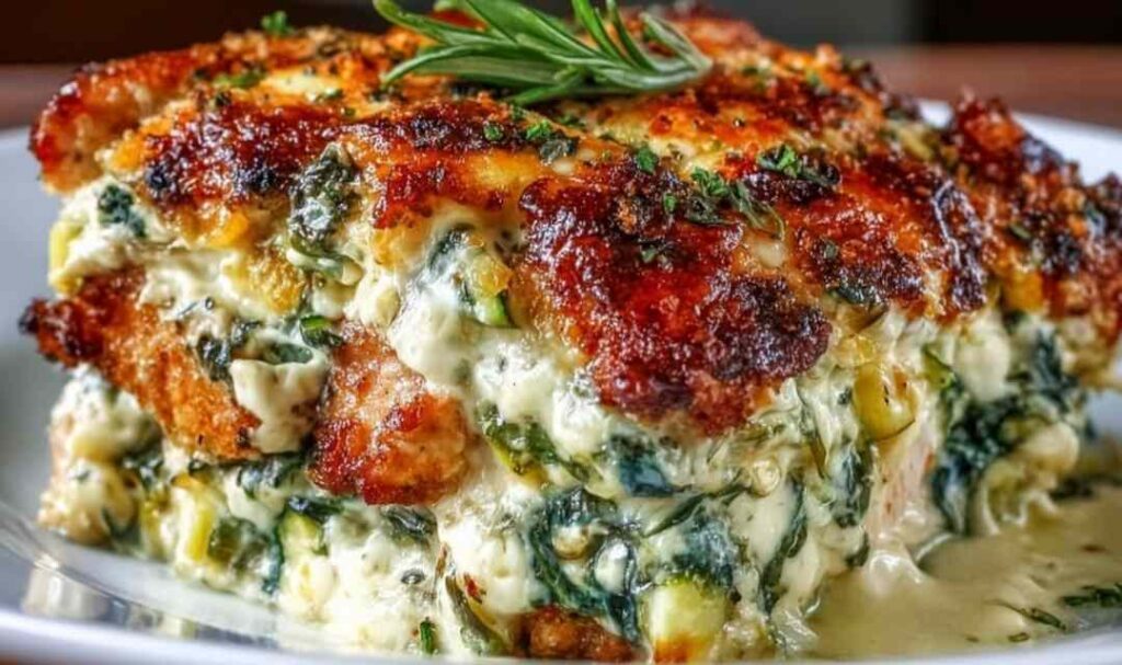 Chicken zucchini bake in a white baking dish with melted mozzarella and fresh basil garnish