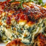 Chicken zucchini bake in a white baking dish with melted mozzarella and fresh basil garnish