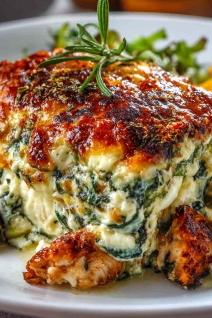 Chicken zucchini bake in a white baking dish with melted mozzarella and fresh basil garnish