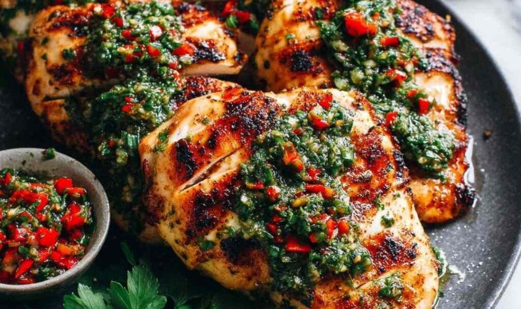 Grilled chimichurri chicken breasts topped with fresh parsley herb sauce on a white plate