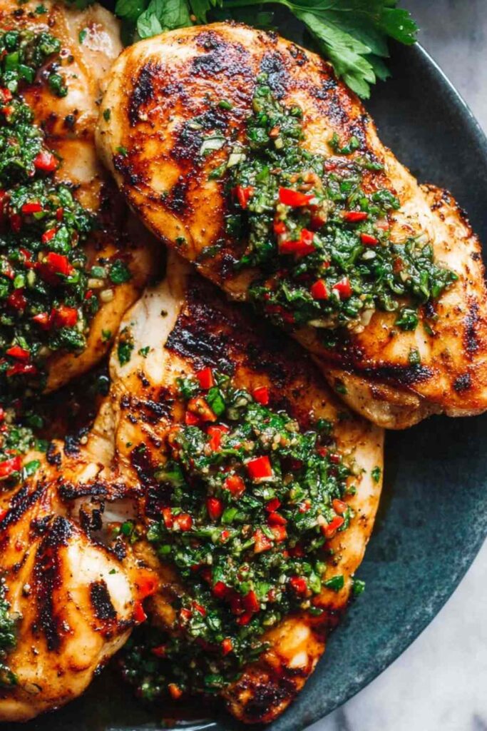 Grilled chimichurri chicken breasts topped with fresh parsley herb sauce on a white plate