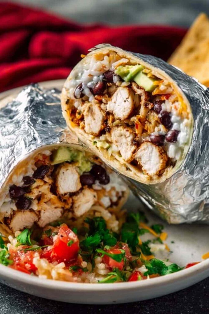 Homemade chipotle chicken burrito cut in half showing juicy marinated chicken, cilantro lime rice, and seasoned black beans inside a flour tortilla