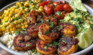 Cilantro lime shrimp bowl with rice, avocado, black beans, corn and cherry tomatoes