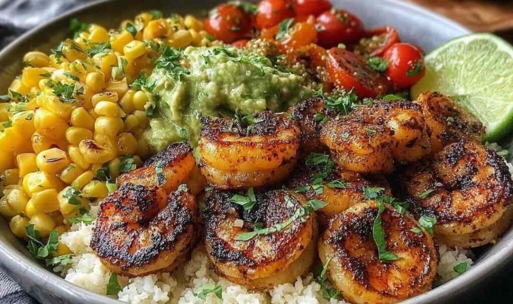Cilantro lime shrimp bowl with rice, avocado, black beans, corn and cherry tomatoes
