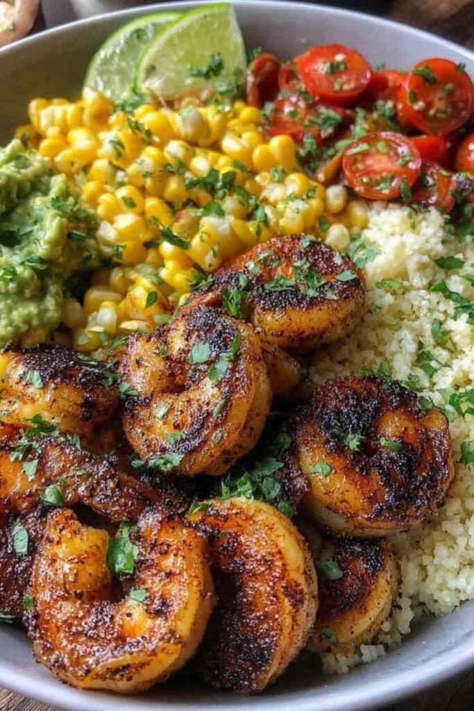 Cilantro lime shrimp bowl with rice, avocado, black beans, corn and cherry tomatoes