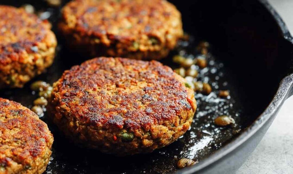 Classic lentil burgers served on a whole grain bun with lettuce, tomato, and avocado on a wooden board