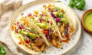 Copycat cantina chicken tacos loaded with shredded chicken, cheddar cheese, lettuce, purple cabbage, pico de gallo, and avocado salsa verde on a wooden serving board