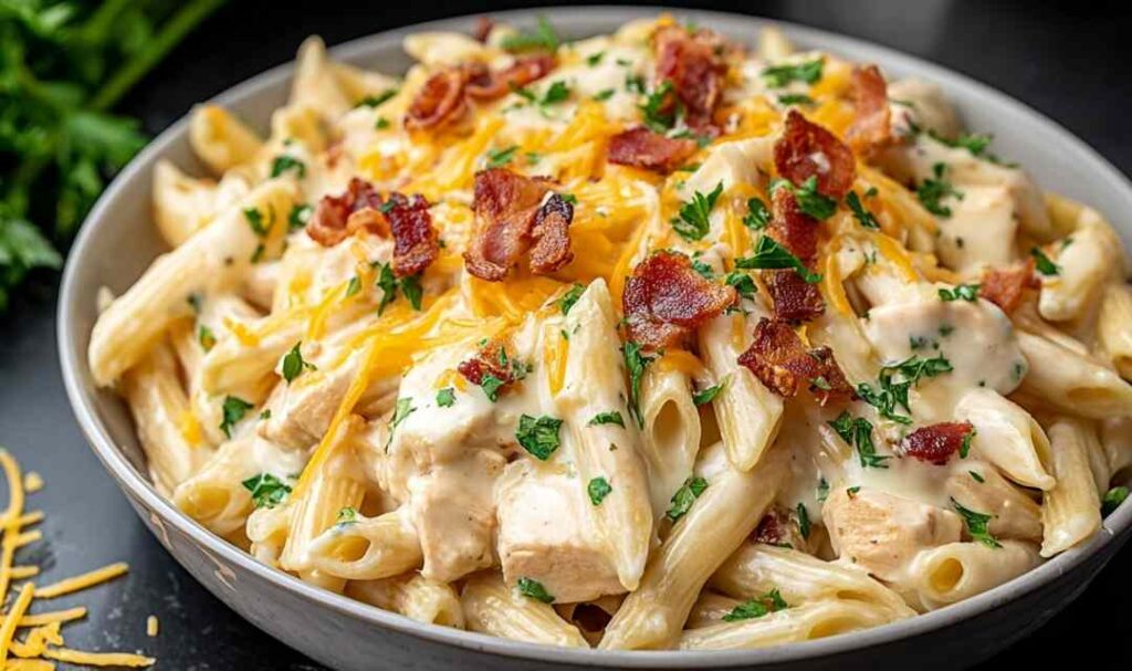 Crack Chicken Penne - Creamy Cheesy Ranch Pasta 5 Crack chicken penne in a large skillet with creamy ranch cheese sauce, crispy bacon crumbles, and fresh chives