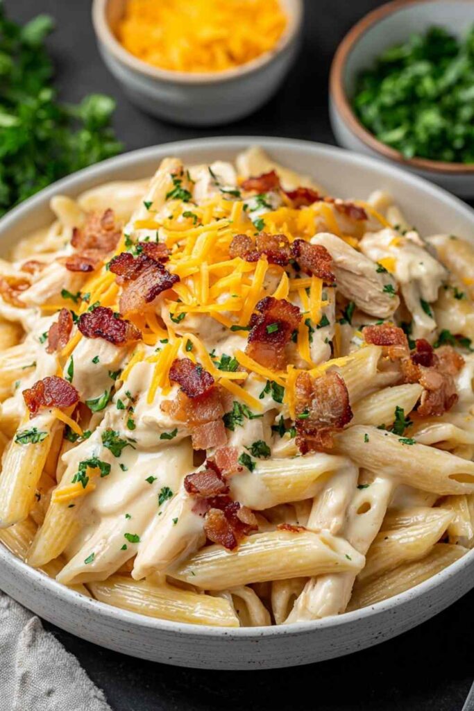 Crack Chicken Penne - Creamy Cheesy Ranch Pasta 6 Crack chicken penne in a large skillet with creamy ranch cheese sauce, crispy bacon crumbles, and fresh chives