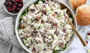 Cranberry chicken salad with dried cranberries, pecans, and apple in a large white bowl