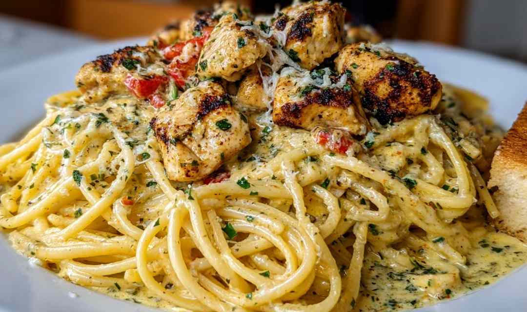 Creamy Cajun chicken spaghetti in a skillet with garlic cream sauce and fresh parsley