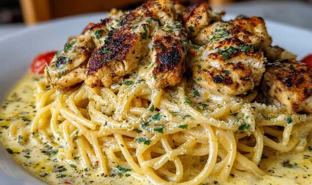 Creamy Cajun Chicken Spaghetti with Garlic 5 Creamy Cajun chicken spaghetti in a skillet with garlic cream sauce and fresh parsley