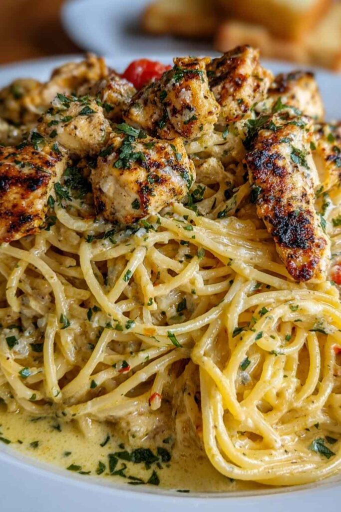 Creamy Cajun Chicken Spaghetti with Garlic 6 Creamy Cajun chicken spaghetti in a skillet with garlic cream sauce and fresh parsley