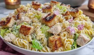 Creamy chicken Caesar pasta salad in a large bowl topped with croutons, Parmesan, and chopped romaine