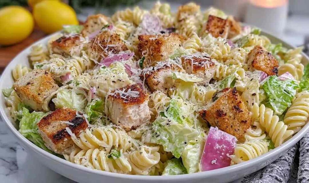Creamy chicken Caesar pasta salad in a large bowl topped with croutons, Parmesan, and chopped romaine