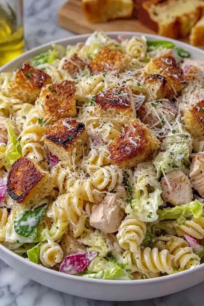 Creamy chicken Caesar pasta salad in a large bowl topped with croutons, Parmesan, and chopped romaine