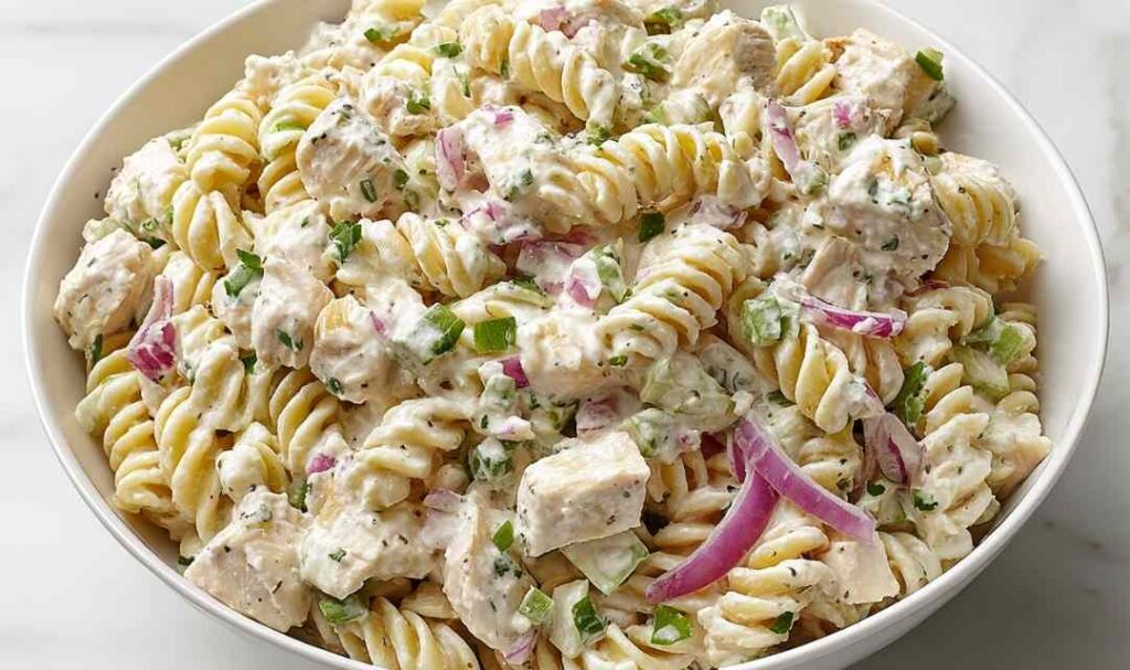 Creamy chicken pasta salad in a large white bowl with fresh parsley garnish