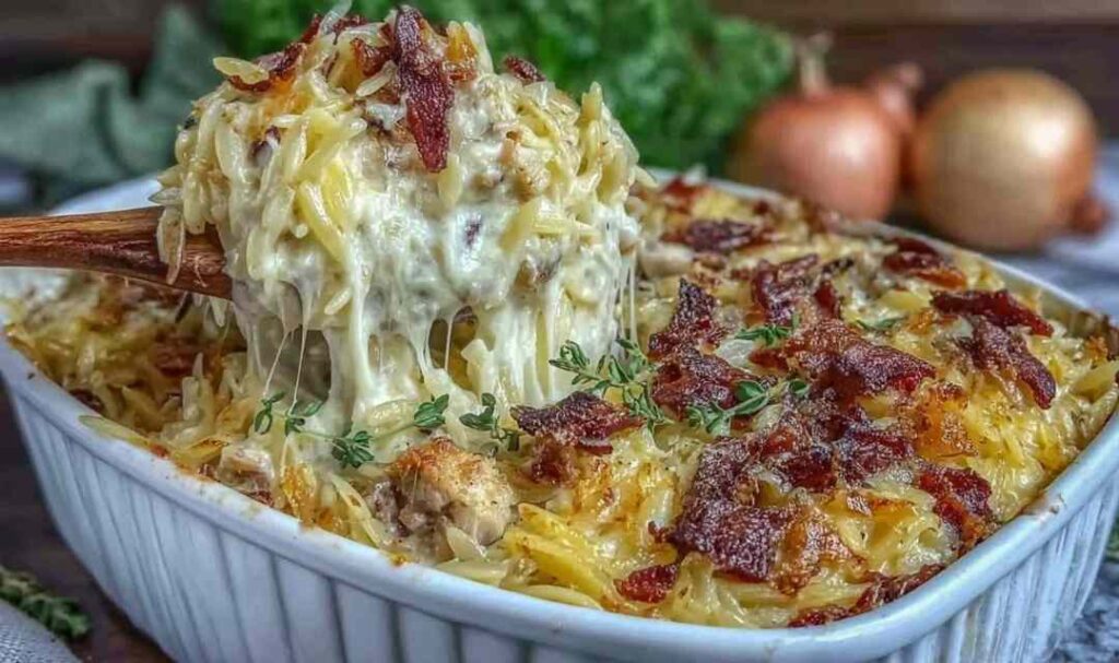 Creamy French onion chicken orzo casserole in a white baking dish topped with golden melted Swiss and Parmesan cheese