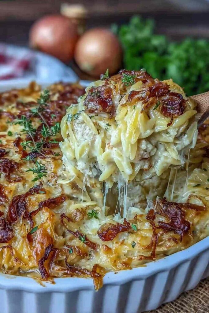 Creamy French onion chicken orzo casserole in a white baking dish topped with golden melted Swiss and Parmesan cheese