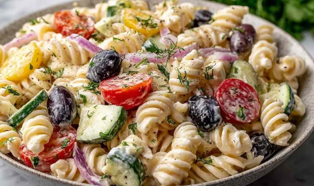 Creamy pasta salad with rotini, cherry tomatoes, cucumber, and fresh dill in a large white bowl