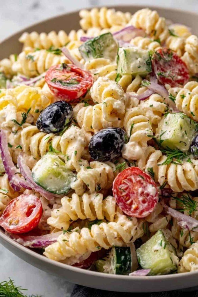 Creamy pasta salad with rotini, cherry tomatoes, cucumber, and fresh dill in a large white bowl