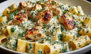 Creamy pesto chicken pasta baked in a dish with golden bubbly mozzarella cheese on top