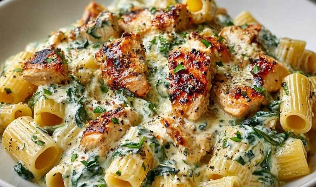 Creamy pesto chicken pasta baked in a dish with golden bubbly mozzarella cheese on top
