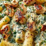 Creamy pesto chicken pasta baked in a dish with golden bubbly mozzarella cheese on top