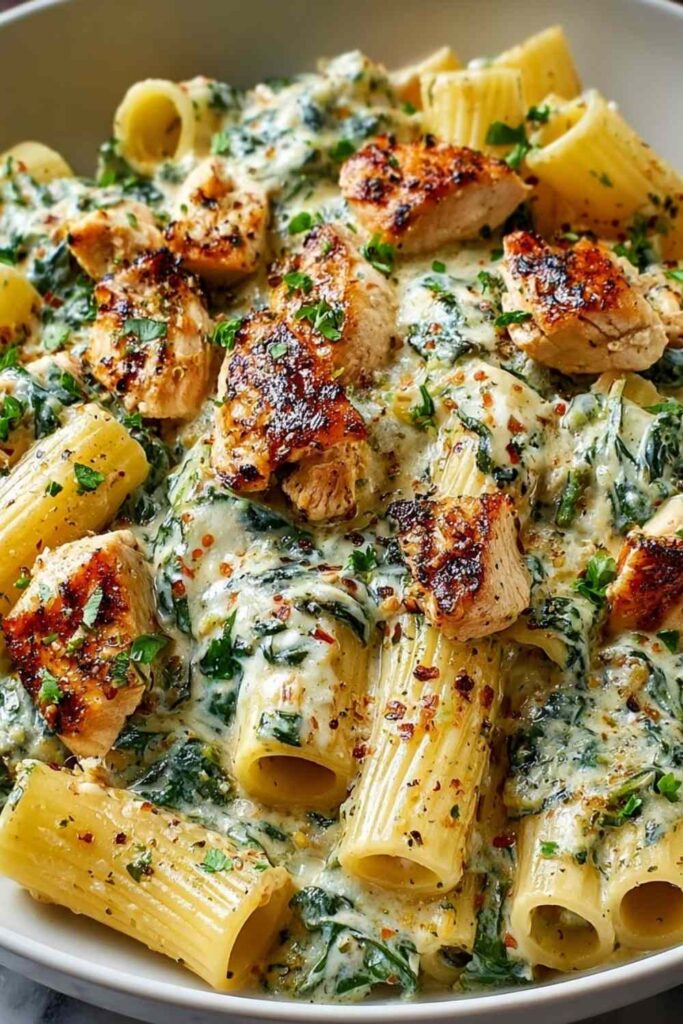 Creamy pesto chicken pasta baked in a dish with golden bubbly mozzarella cheese on top