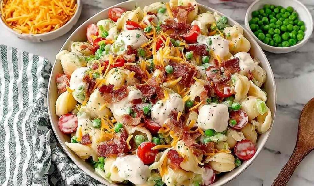 Creamy beef ranch pasta salad in a large white bowl with seasoned ground beef, cherry tomatoes, and cheddar cheese