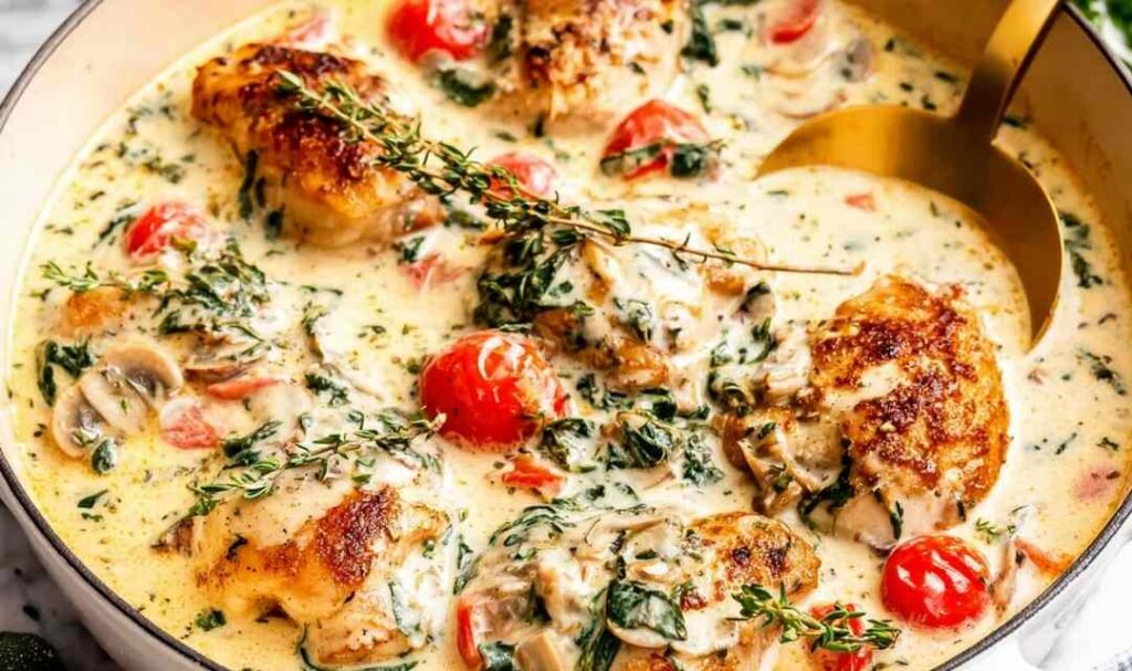 Creamy Tuscan chicken in a skillet with spinach, cherry tomatoes, and parmesan cream sauce