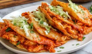 Crispy baked chicken tacos on a parchment-lined sheet pan with golden crunchy corn shells and melted cheese